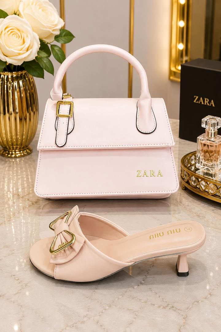 Sac à Main Zara Rose Poudré et Mules à Talons à Nœud Bijou