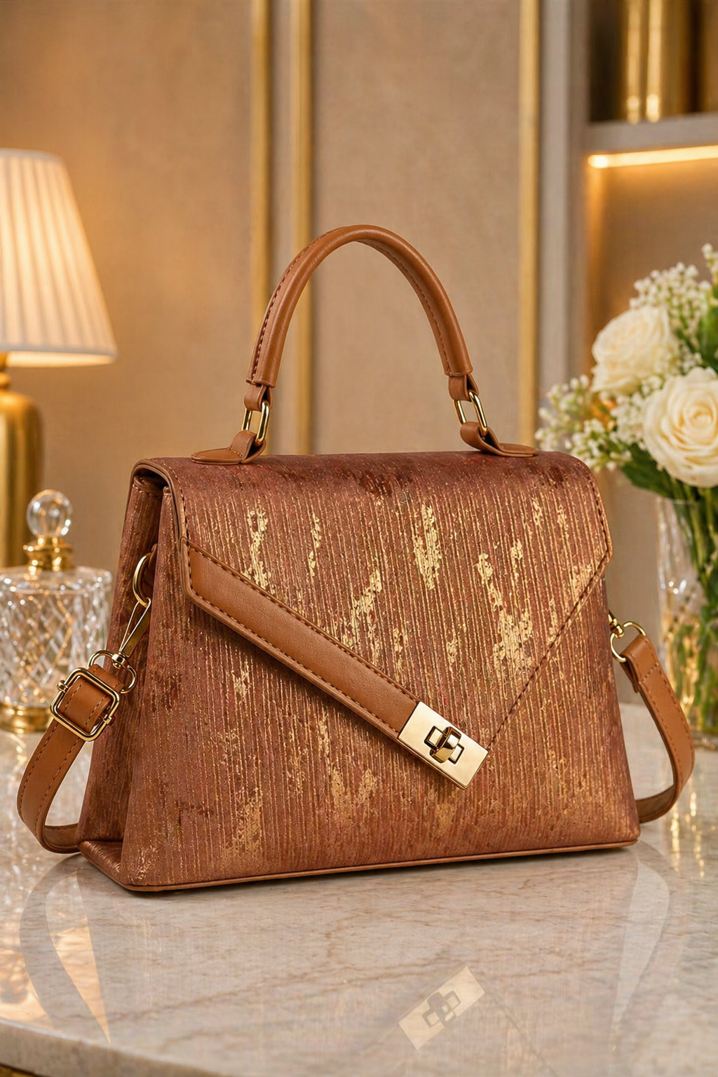 Sac à Main Marron et Or – Texture Bois, Fermoir Métallique & Bandoulière