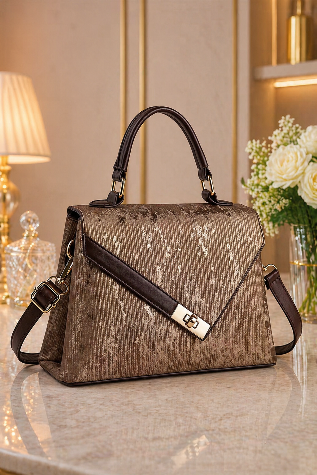 Sac à Main Marron et Or – Texture Bois, Fermoir Métallique & Bandoulière — vue 2