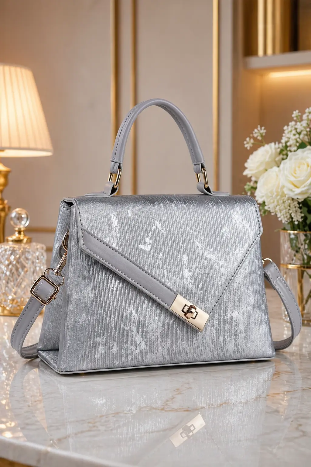 Sac à Main Blanc Nacré – Texture Irisée, Fermoir Doré & Bandoulière