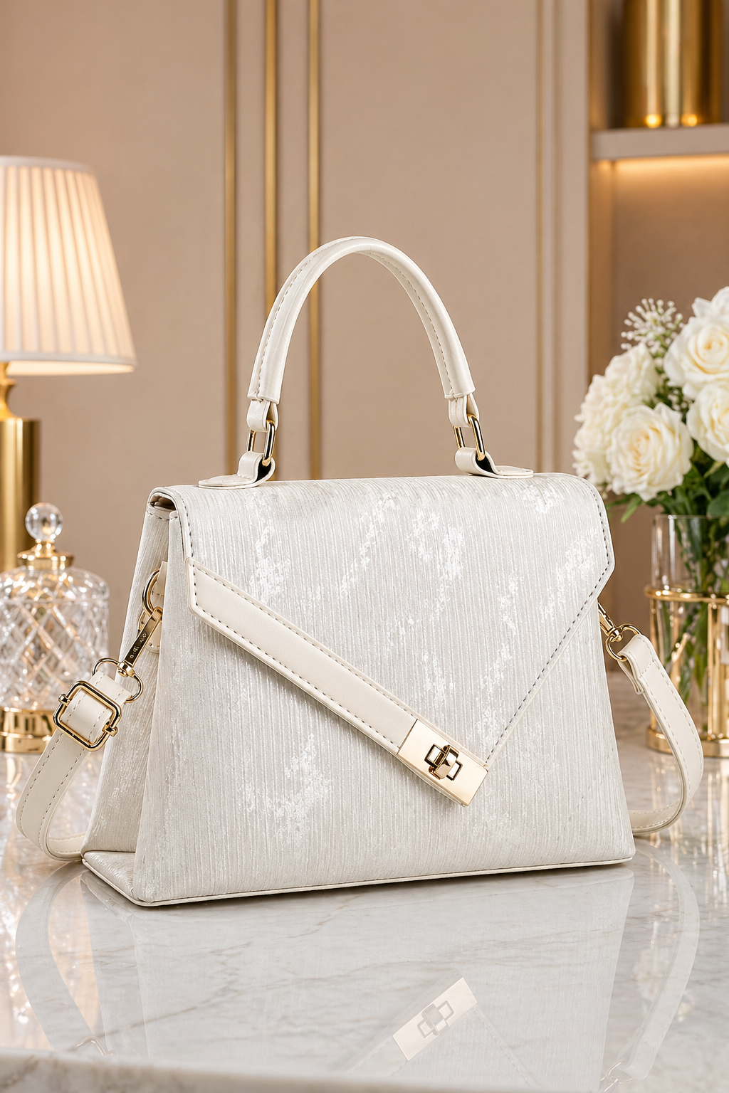 Sac à Main Blanc Nacré – Texture Irisée, Fermoir Doré & Bandoulière — vue 2