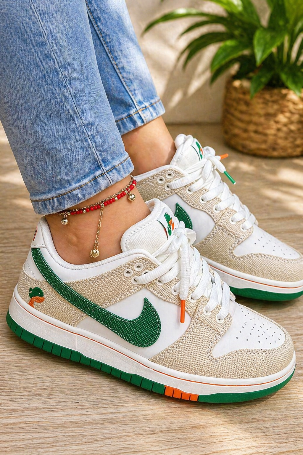 Sneakers Nike Dunk Low "Nature" – Blanc, Vert & Toile de Lin