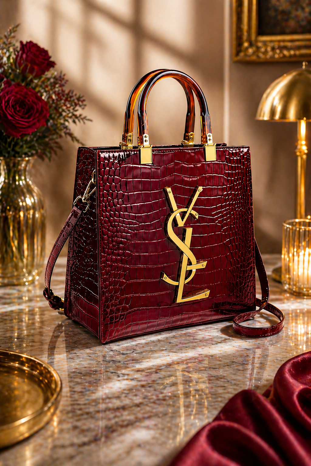 Sac à Main Femme Luxe Rouge Effet Croco – Sac Élégant avec Bandoulière et Détails Dorés