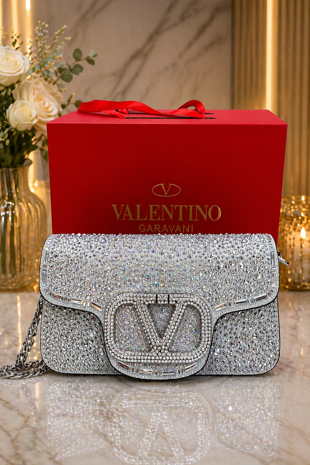 Pochette Élégante Brillante avec Fermoir V Iconique — vue 2