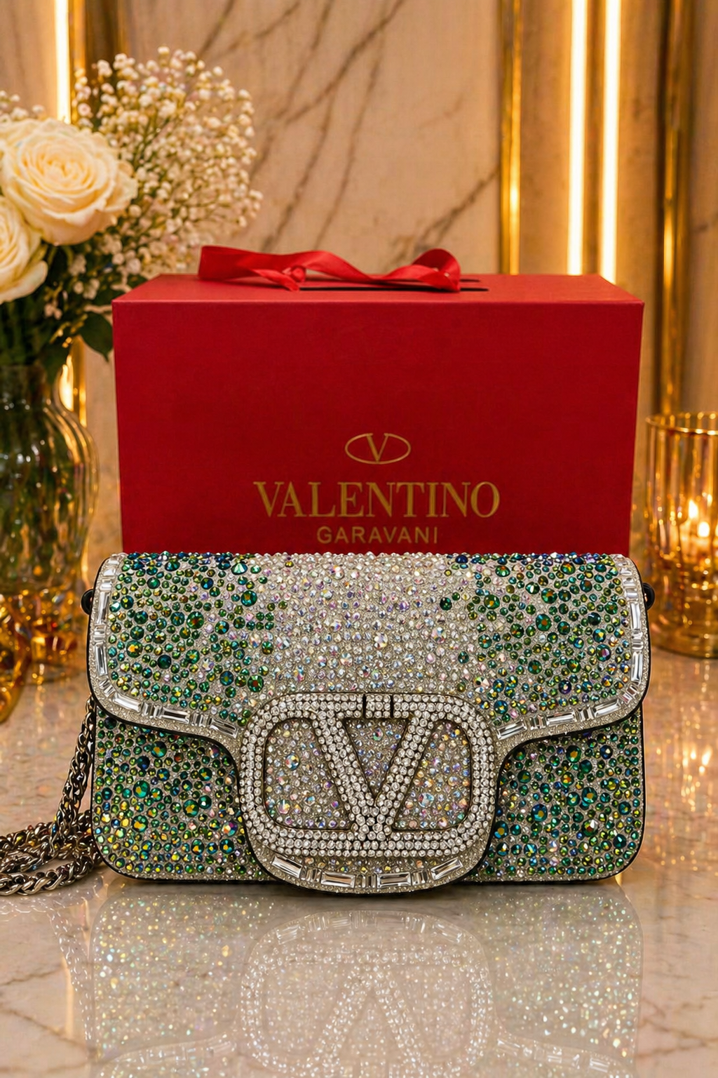 Pochette Élégante Brillante avec Fermoir V Iconique — vue 5