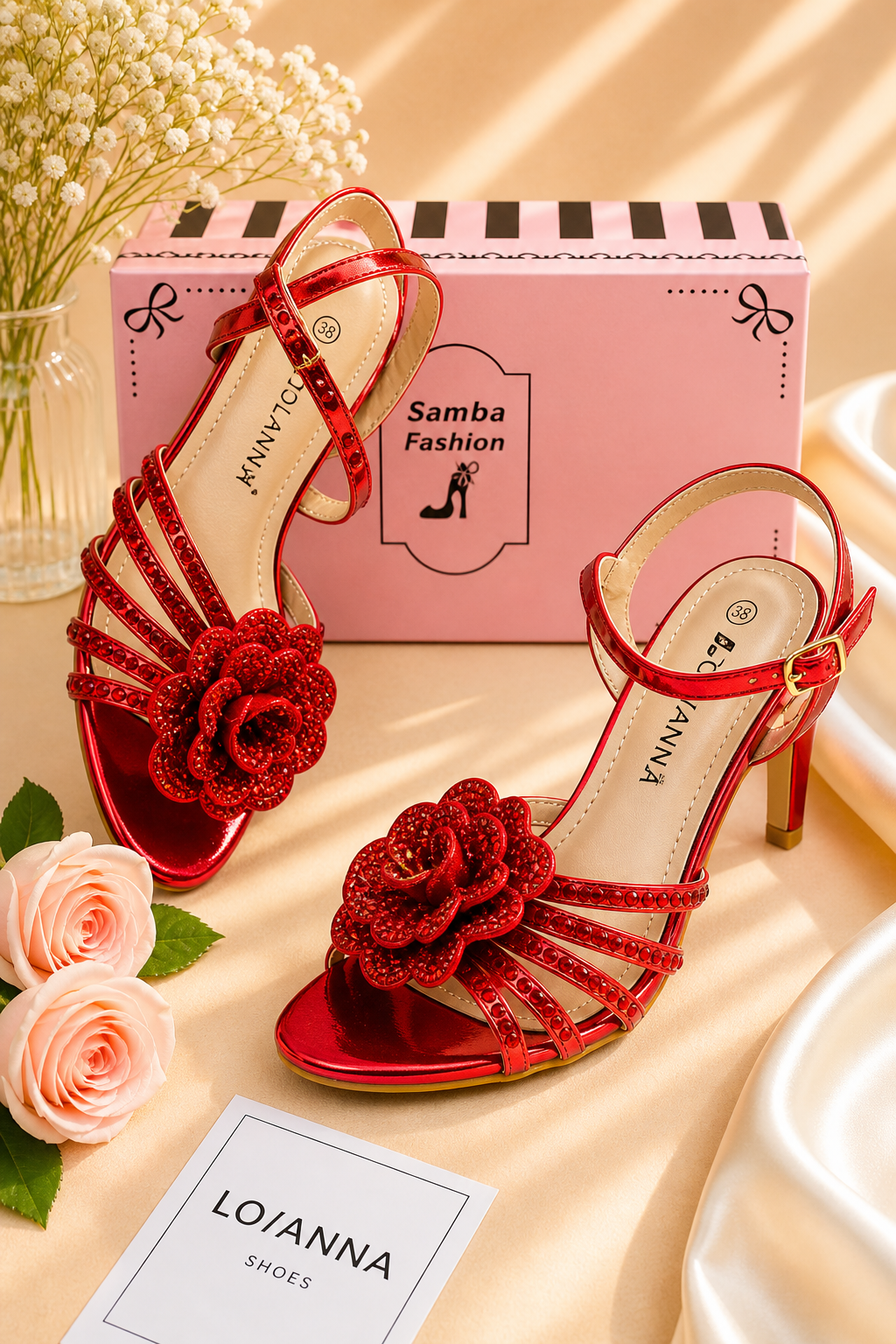 Sandales à Talons Rouges Femme avec Fleur Strass – Élégance & Glamour
