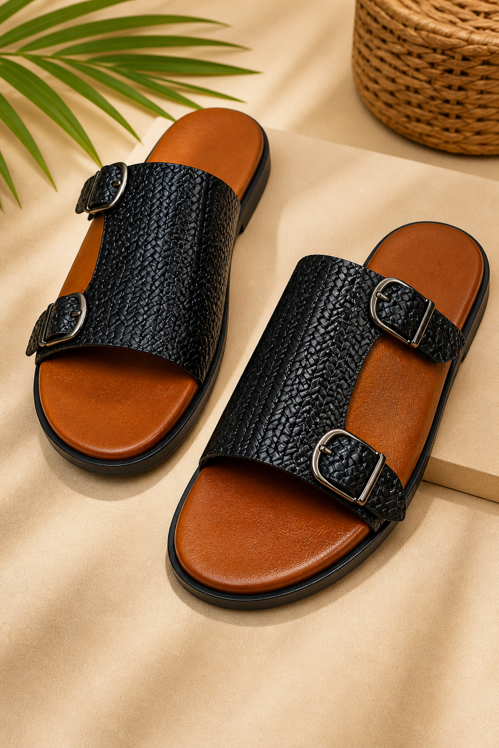 Sandales Homme Noires à Double Boucle – Design Tressé Élégant & Confort Été