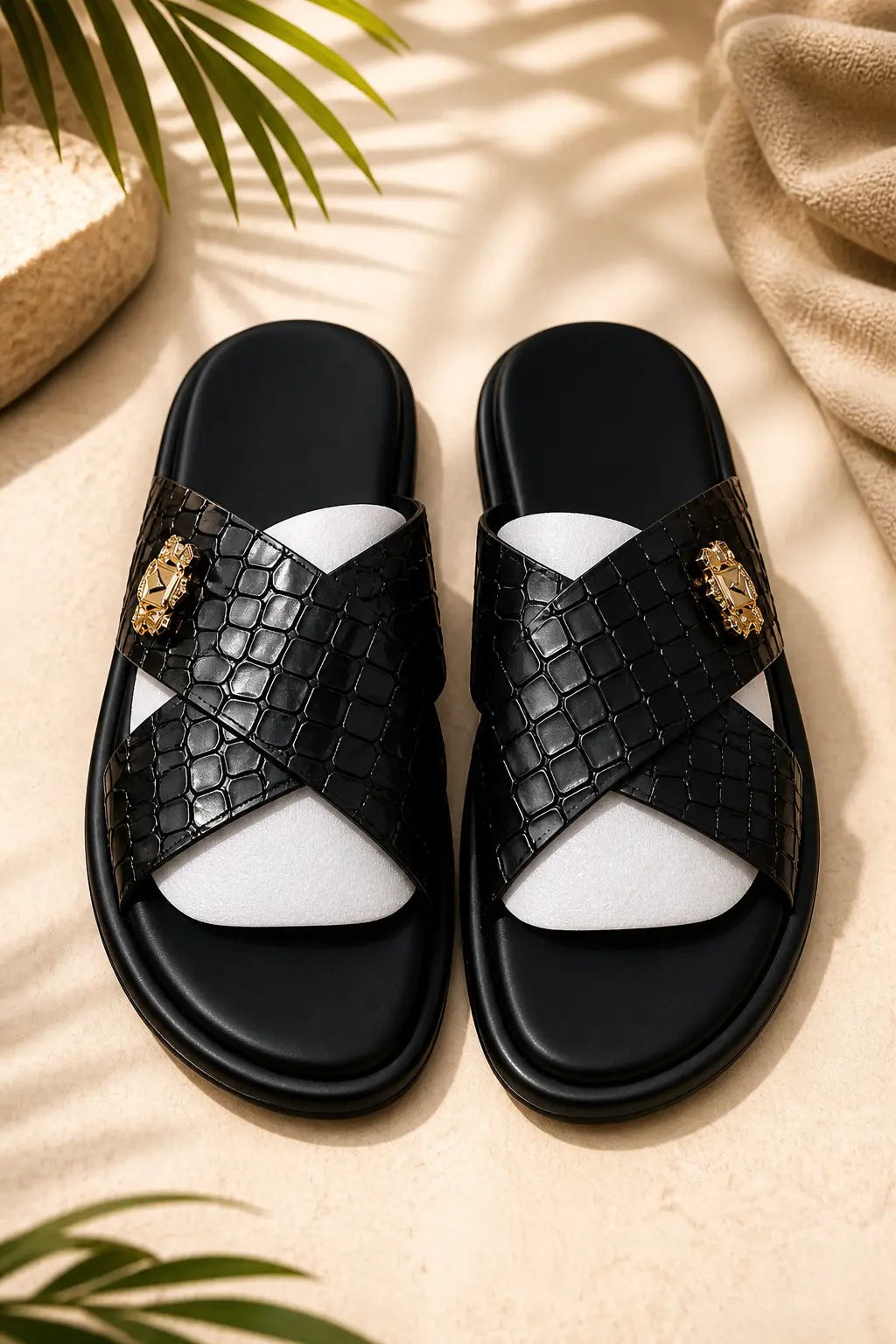 Sandales Homme Noires Effet Croco à Bride Croisée – Style Luxe & Confort Été